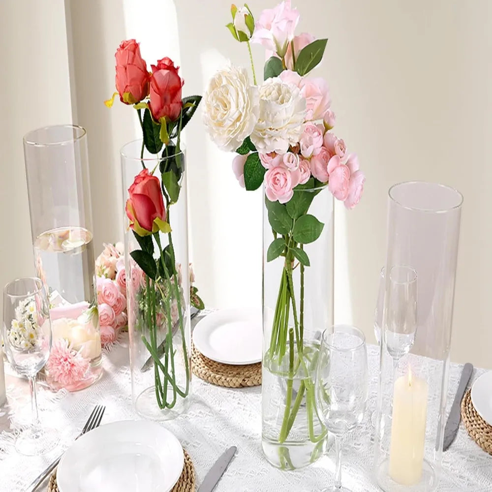 Large Clear Glass Cylinder Vases, Set of 16, 12 Inch Tall for Elegant Centerpieces and Floating Candles