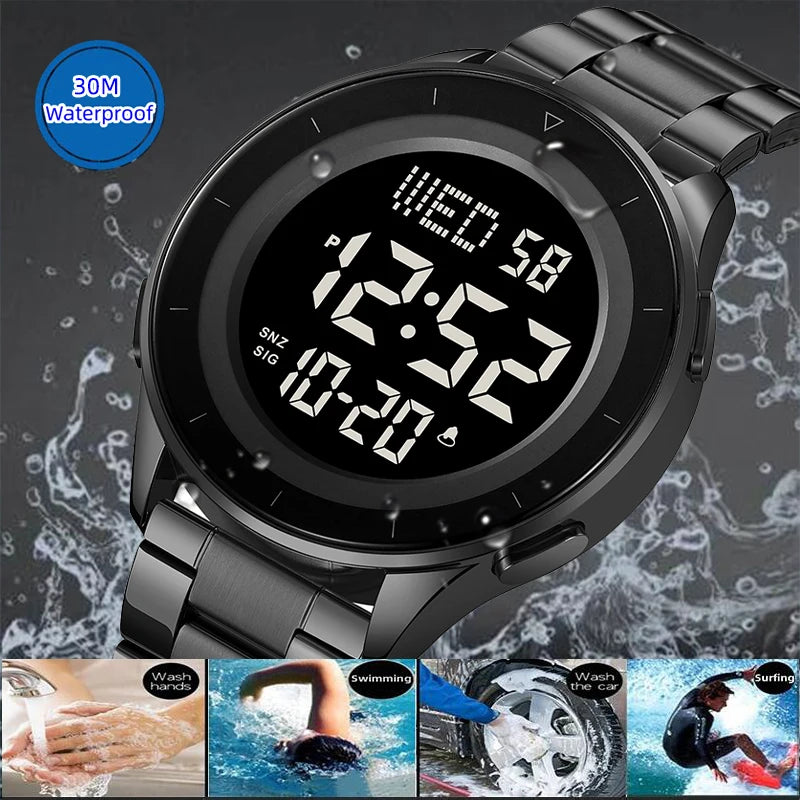 Skmei Dual Time Zone LED Digital Wristwatch Luxury Steeel Band 3Bar Waterproof Alarm Clock Mens Military Sports Bracelet Watches