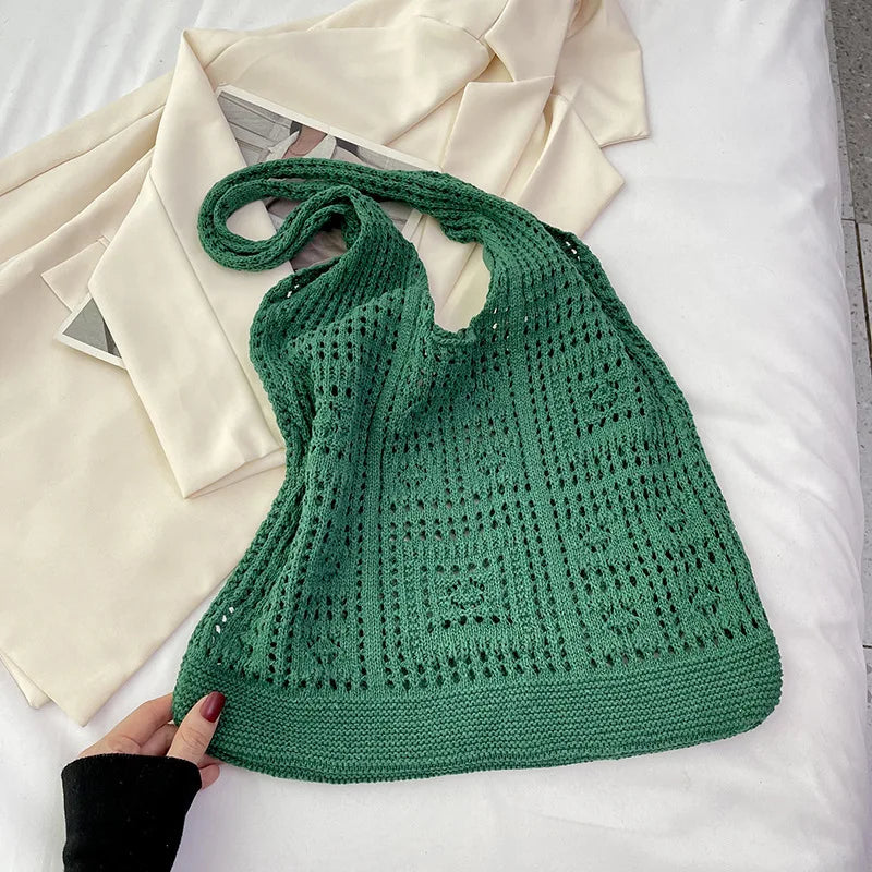 Women'S Shopping Bag Vintage Knitted Shoulder Bag Handmade Crochet Bag Slouchy Hollow Out Handbag For Shopping Women'S Casual