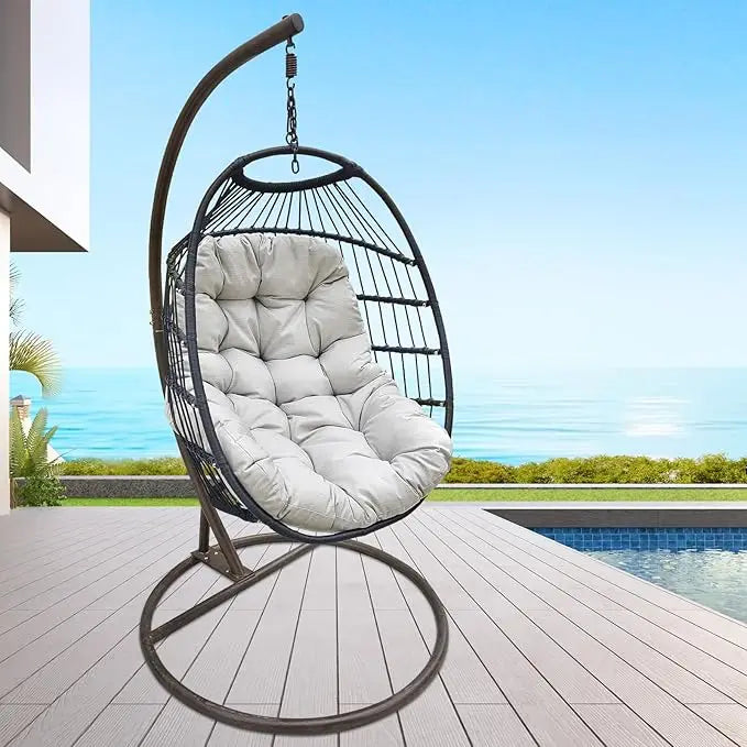 Hanging Egg Chair with Stand, Wicker Hammock Chair, Patio Swing, Foldable Basket, 350lbs Capacity for Indoor/Outdoor, Patio, Dec