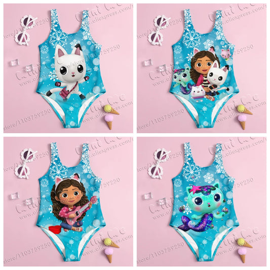 Baby Swimwear Girls Summer One-piece 3D Printed Swimwear Fashion Cartoon Gabby Dollhouse Collection Printed Women's Swimwear