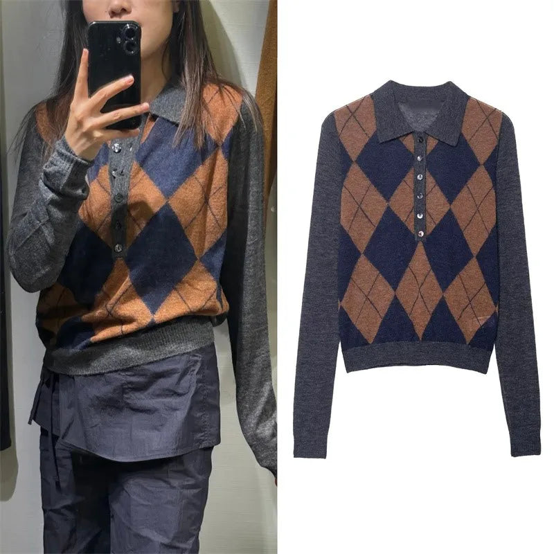Women's Top 2025 Autumn New Style Color-Block Argyle Long-Sleeve Polo Collar Knit Sweater Casual Fashion Versatile