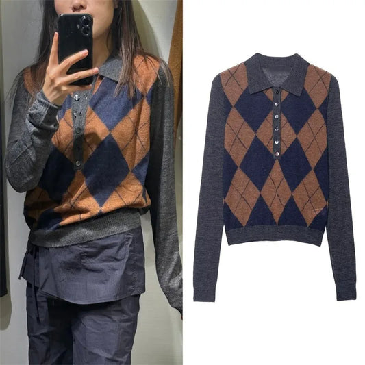 Women's Top 2025 Autumn New Style Color-Block Argyle Long-Sleeve Polo Collar Knit Sweater Casual Fashion Versatile