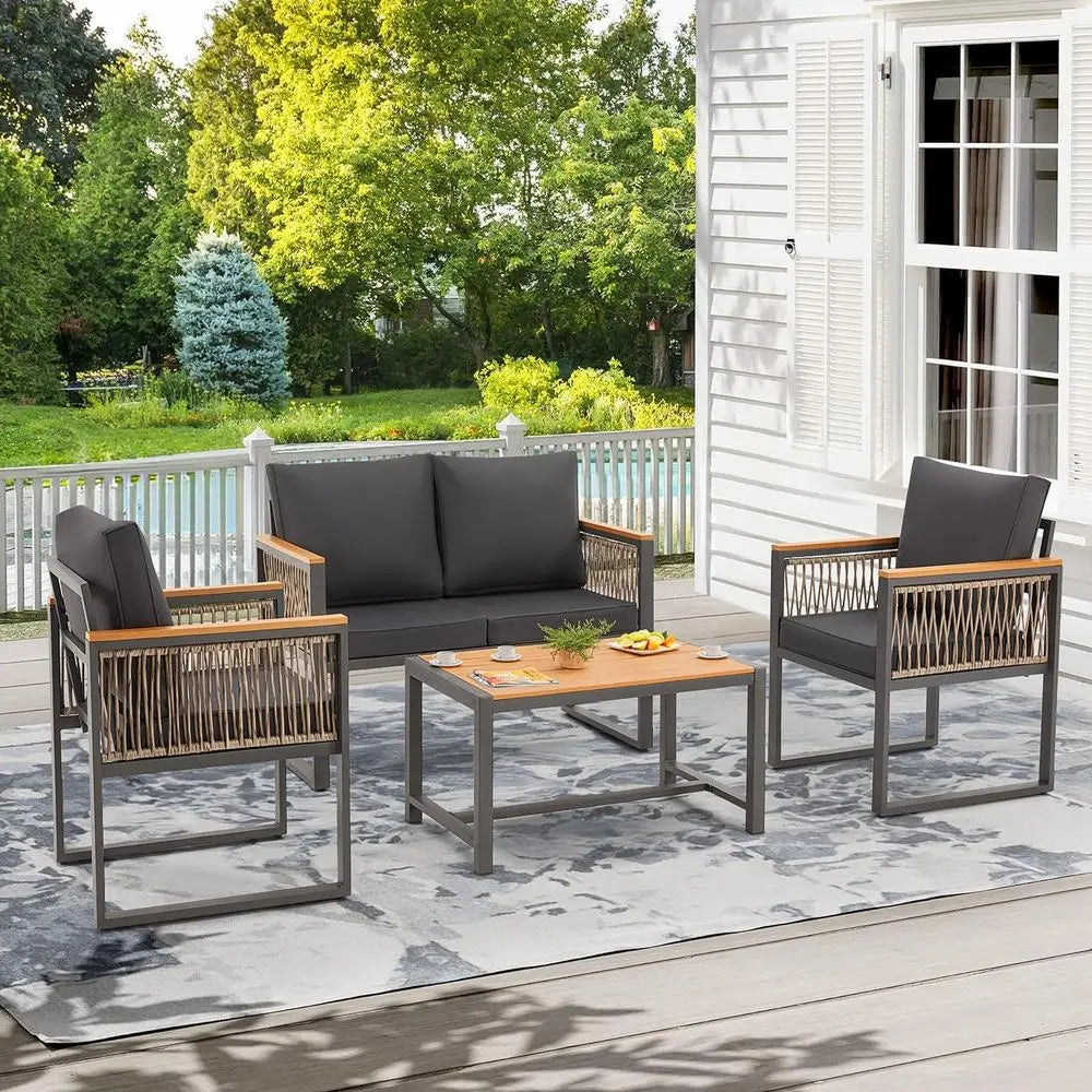 All-Weather Outdoor Patio Set: Solid Wood Balcony Furniture with Wicker & Cushioned Metal Chairs