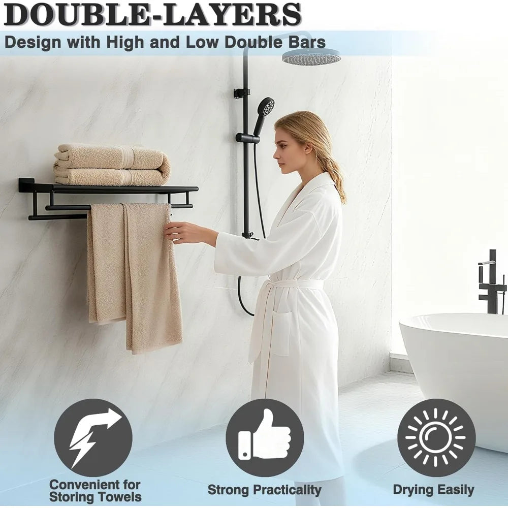 Stainless Steel Double Towel Bar with Shelf, Wall Mount Bathroom Towel Holder, Matte Black for Modern Home Decor