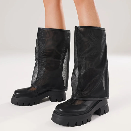 Women's Mesh Knee High Boots Fashion Platform Chunky High Heels Pull on Casual Comfy Boots Woman