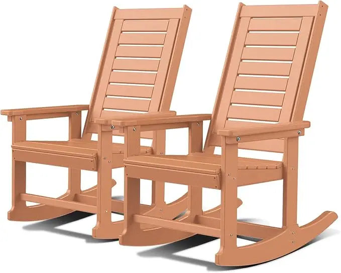Outdoor Rocking Chairs Set of 2 Porch Rocker  HDPE Plastic Oversized Rockers High Back  Big & Tall Ladder Back for Patio Outside
