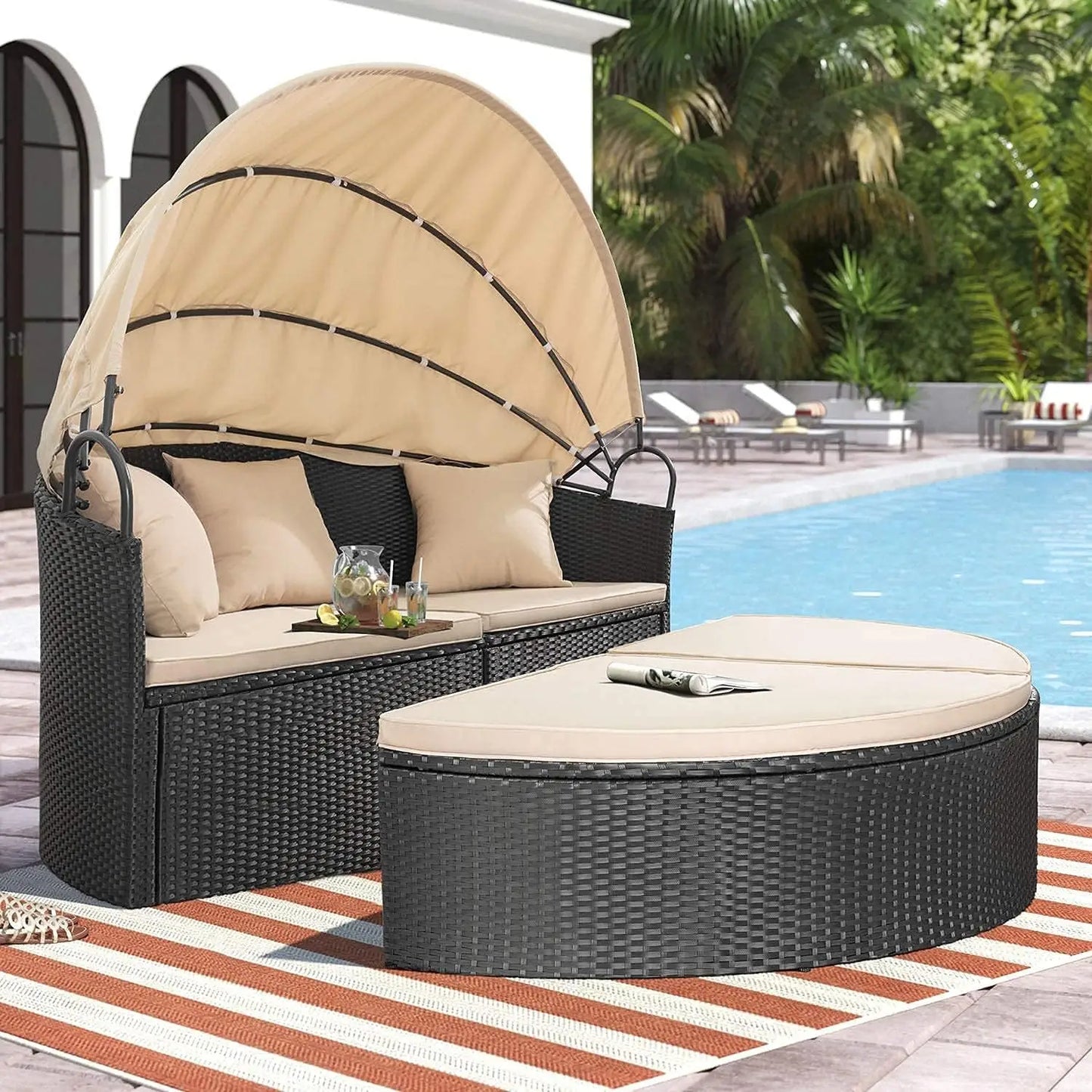Patio Outdoor Daybed with Retractable Canopy Rattan Wicker Sectional Seating with Washable Cushions for Patio Backyard Porch Rou