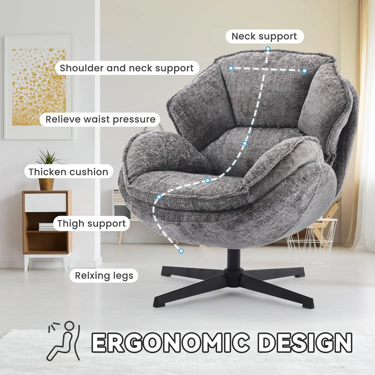 Swivel Accent Chair, Upholstered Armchair with Metal Legs, Gray