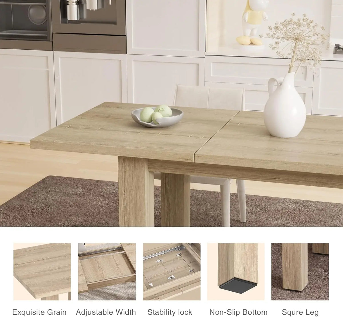 Extendable Oak Dining Table 55''-78'', for 6-10 People, Rustic, Small Kitchen & Office Use