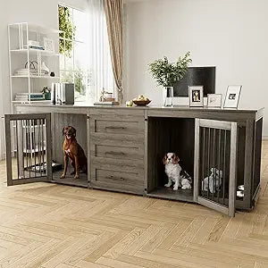 94.5" large dog crate furniture for 2 dogs, double wooden dog kennel furniture with 4 dog bowls & 3 drawers, heavy duty indoor
