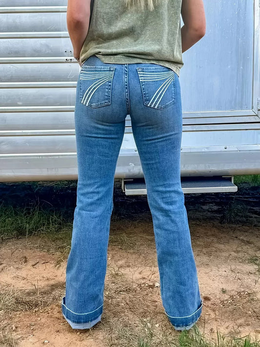 2025 New Women's High Waist Elastic Embroidered Flared Jeans, High Quality Versatile Fashion Casual Jeans, Machine Washable, Suita