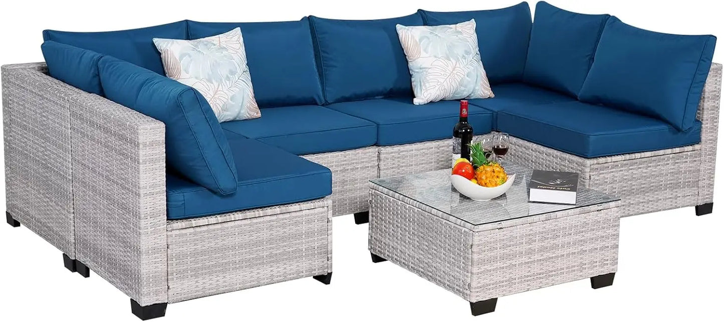 Outdoor Patio Furniture Sets,7-Piece Rattan Conversation Sectional Set,Manual Weaving Wicker Patio Sofa with Tea Table