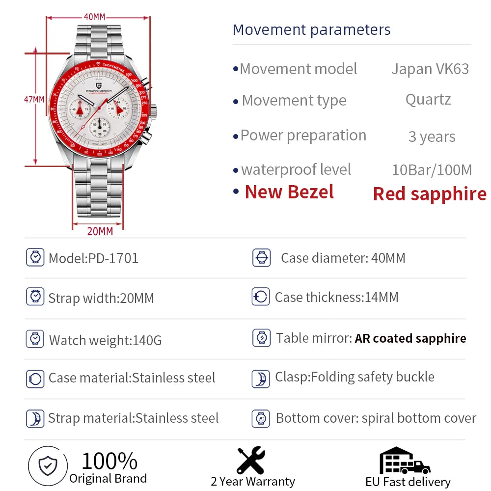 PAGANI DESIGN New Men’s Watch Chronometer Sapphire Mirror Red Quartz Watch For Men Waterproof Luminous Relogio Masculino 2026