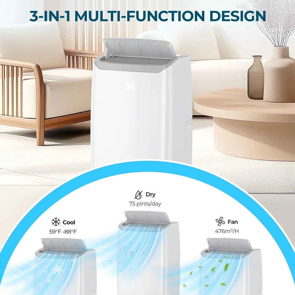 12000 BTU Portable Air Conditioner 3-in-1 Cooling Dehumidifying Fan Remote Control Ideal 450 Sq Ft Rooms Energy Efficient Quiet