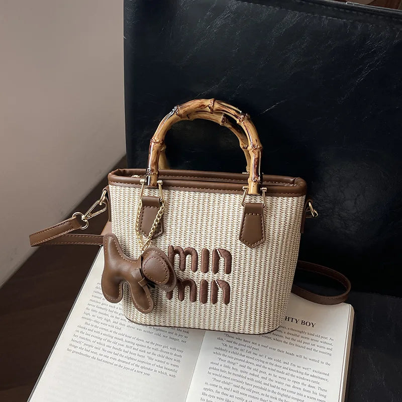 Women's Bag 2025 New Fashion Luxury Personality Versatile Trend Bucket Bag Straw Bamboo Tote Bag Shoulder Bag