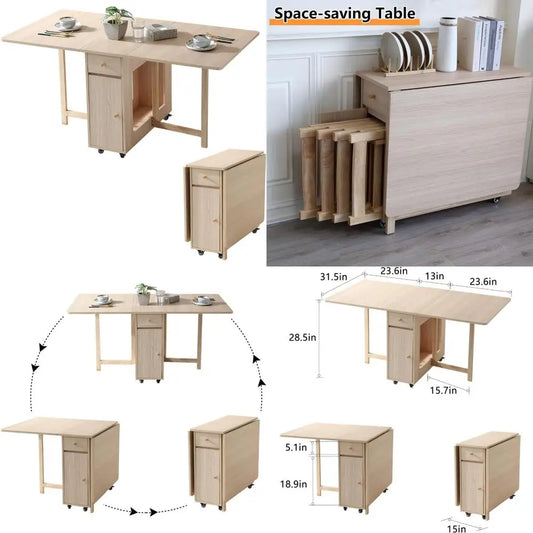 Folding Dining Table with Drop Leaves, Two Drawers, and Four Wheels for Space-Saving in Farmhouse-Style Living and Kitchen Areas