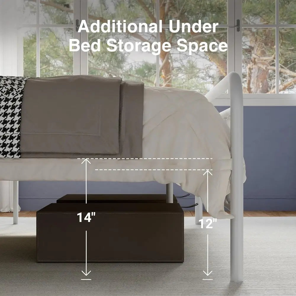 Queen Size Modern Victorian Metal Bed Frame - Sleek Minimalist Style, Headboard/Footboard, Steel Slats, Storage, Easy Assembly,