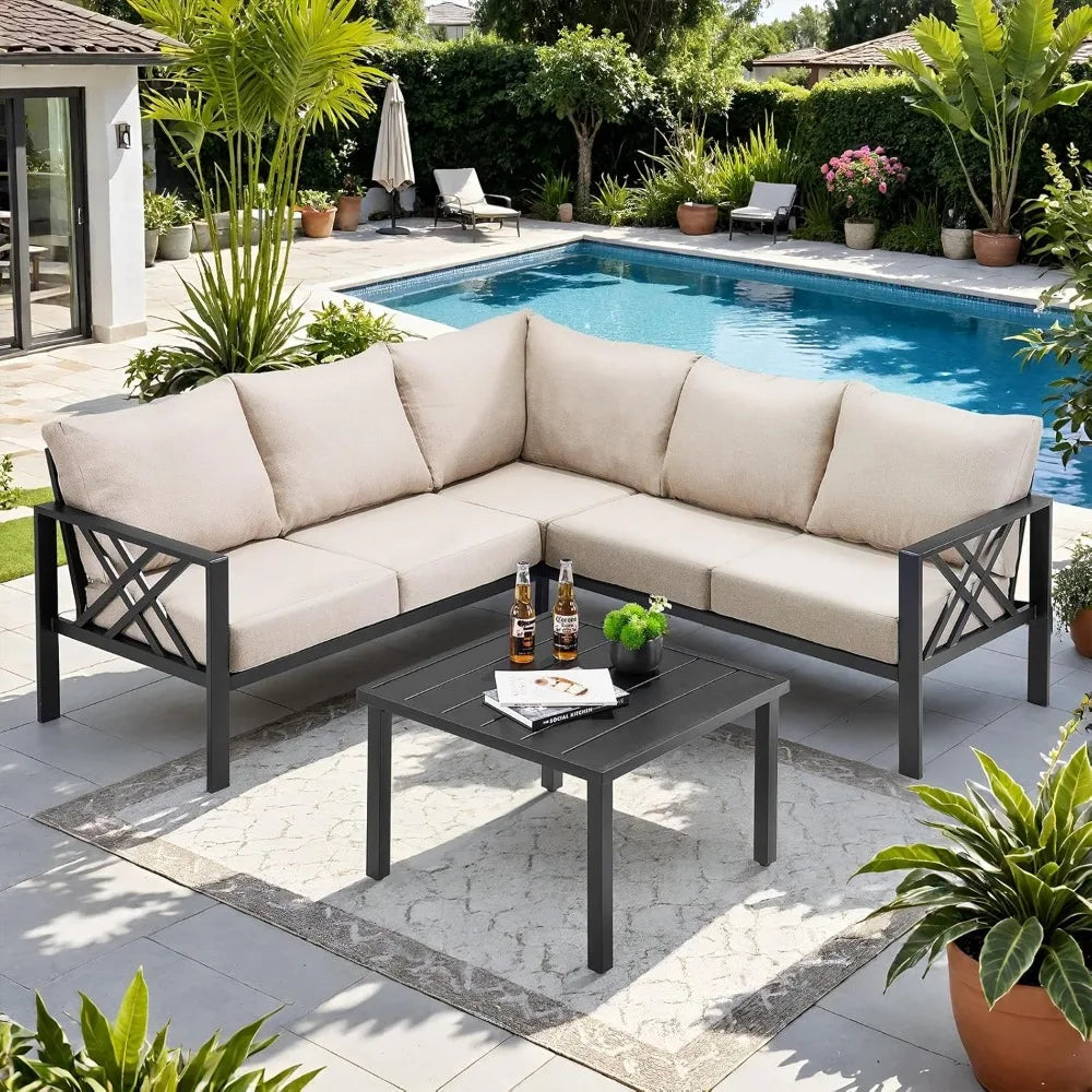 patio furniture set, 6-piece metal sectional furniture sofa with coffee table, l shaped outdoor couch with olefin cushion, highb