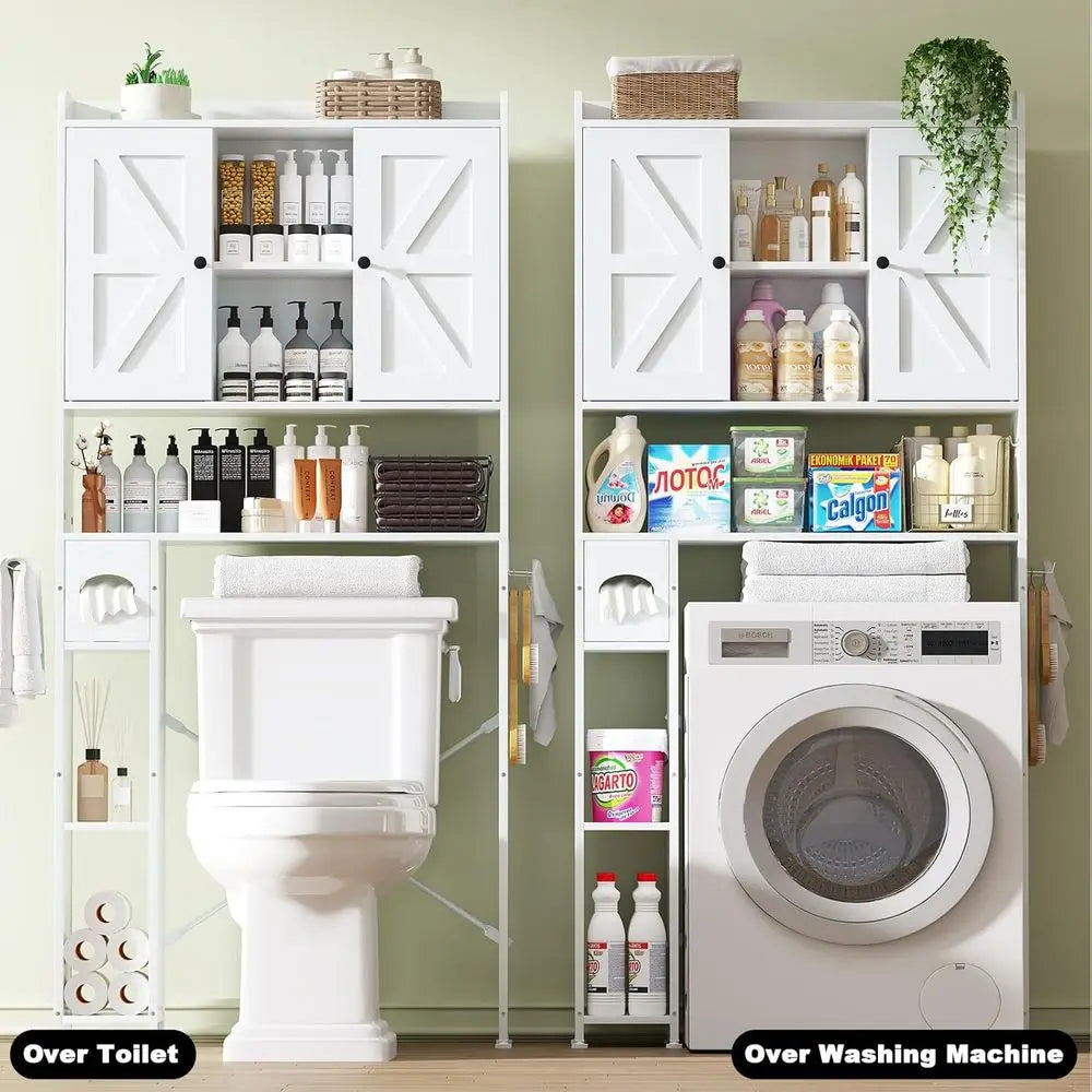 White Farmhouse-Style Metal Frame Toilet Storage Cabinet with 7 Adjustable Shelves and Paper Holder for Bathroom & Laundry Organ