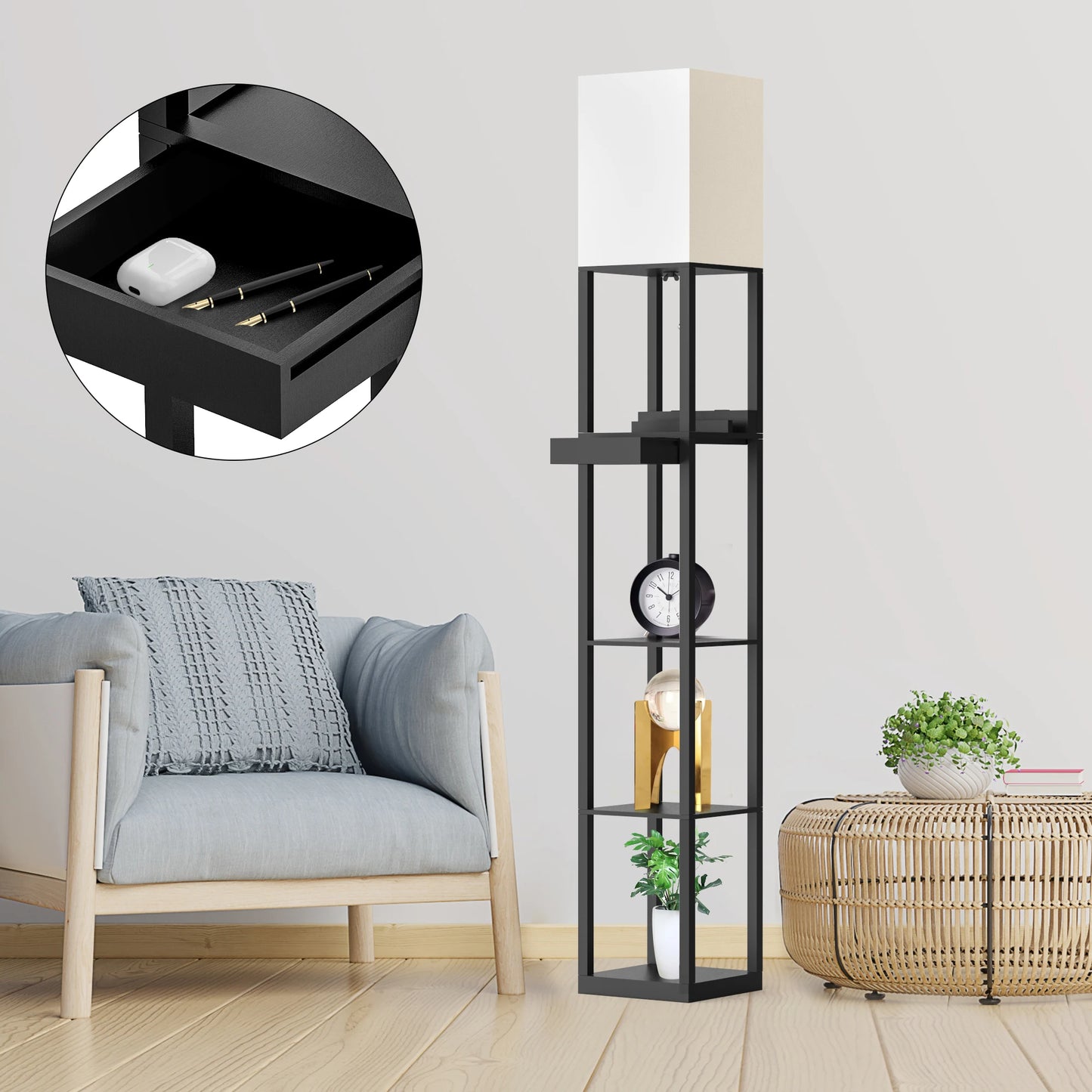 67" Column Floor Lamp with Shelves, Solid Wood, USB Ports, Storage Drawer and Bulb Included
