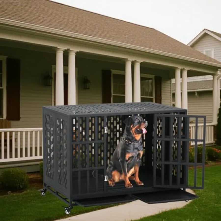 44 inch Heavy Duty Indestructible Dog Crate with Wheels and Trays for Large Medium Dogs High Anxiety Steel Kennel Strong Escape