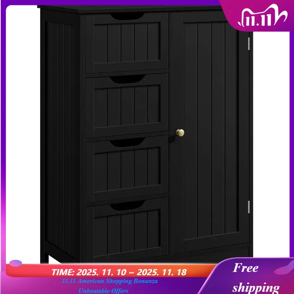 Freestanding Wooden Bathroom Storage Cabinet with 4 Drawers And 1 Cupboard Vanity Furniture for Bathroom Organization