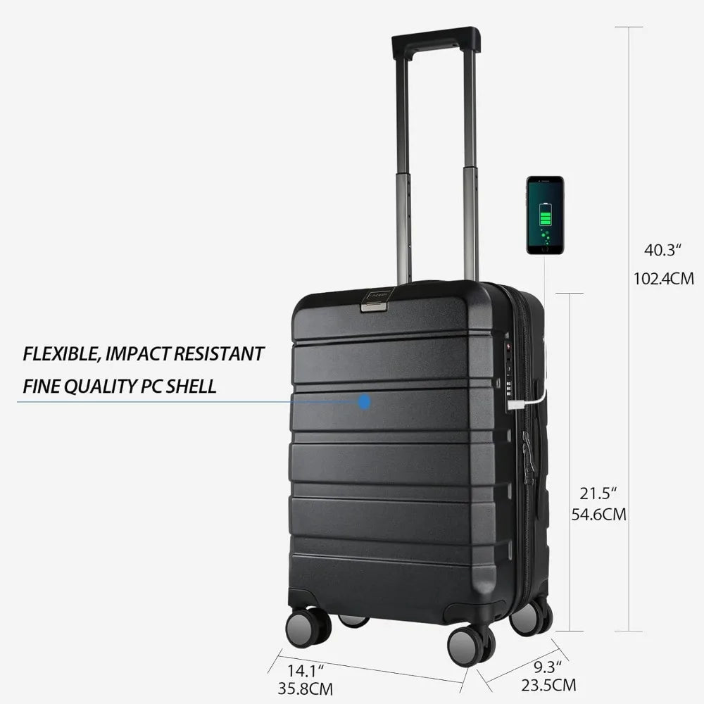 Expandable Hardside Carry-On Luggage with Spinner Wheels, Built-in TSA Lock, Durable Rolling Suitcase, USB Port for Travel