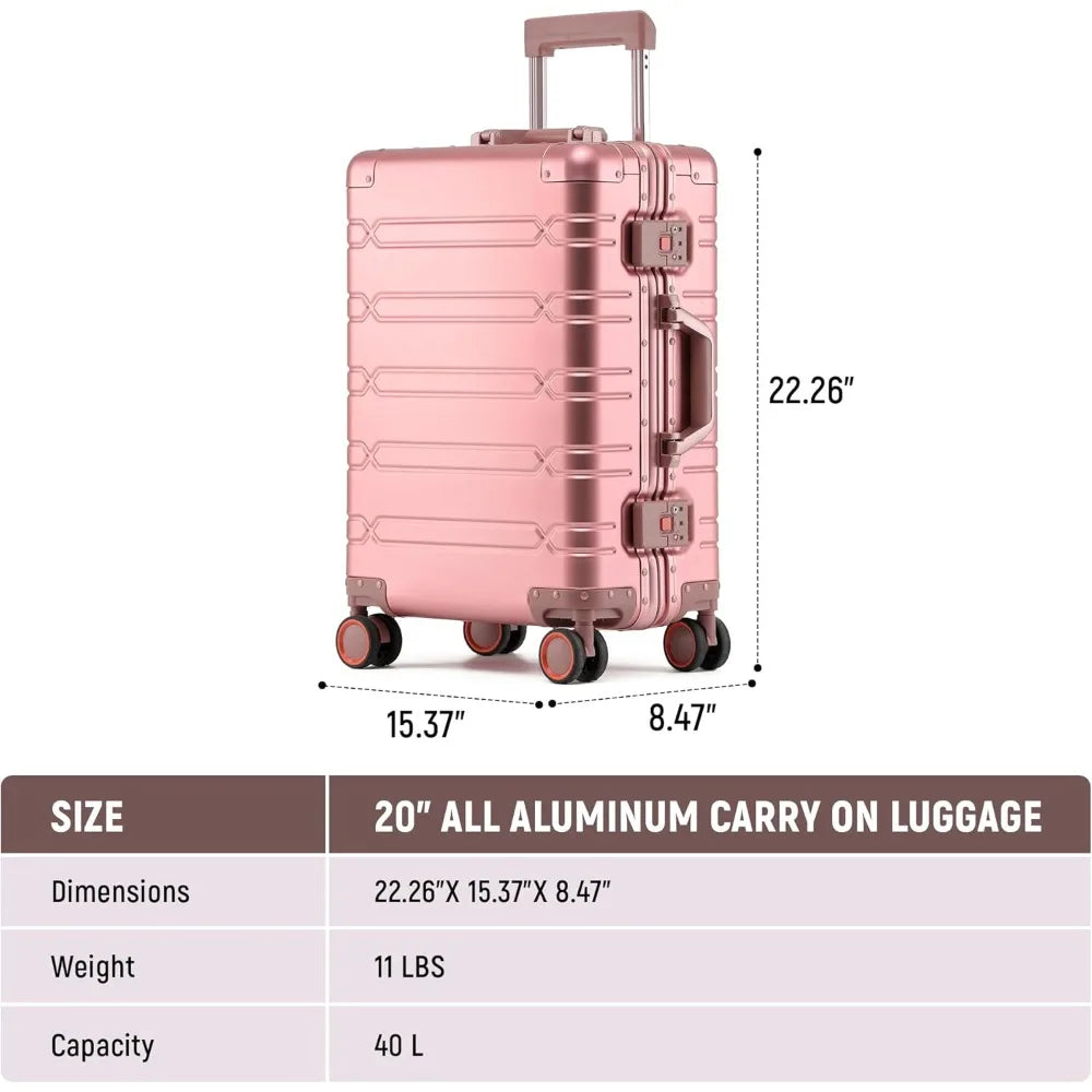 All Aluminum Carry On Luggage Hard Shell Suitcases with Spinner Wheels Zipperless Luggage 20 inch Small Carry On