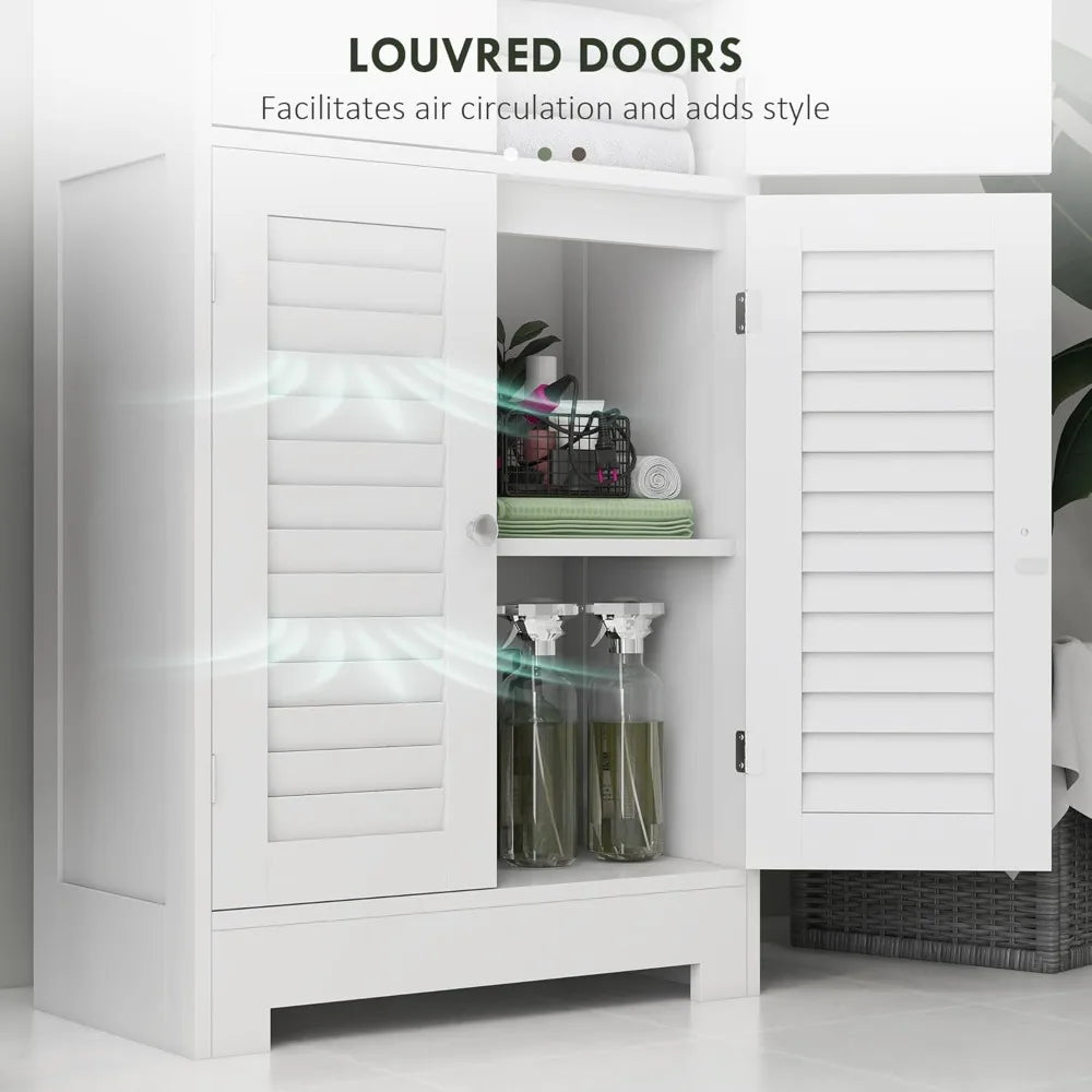 67 Inch Tall Freestanding Bathroom Cabinet with Glass and Louvered Doors for Storage and Adjustable Shelves