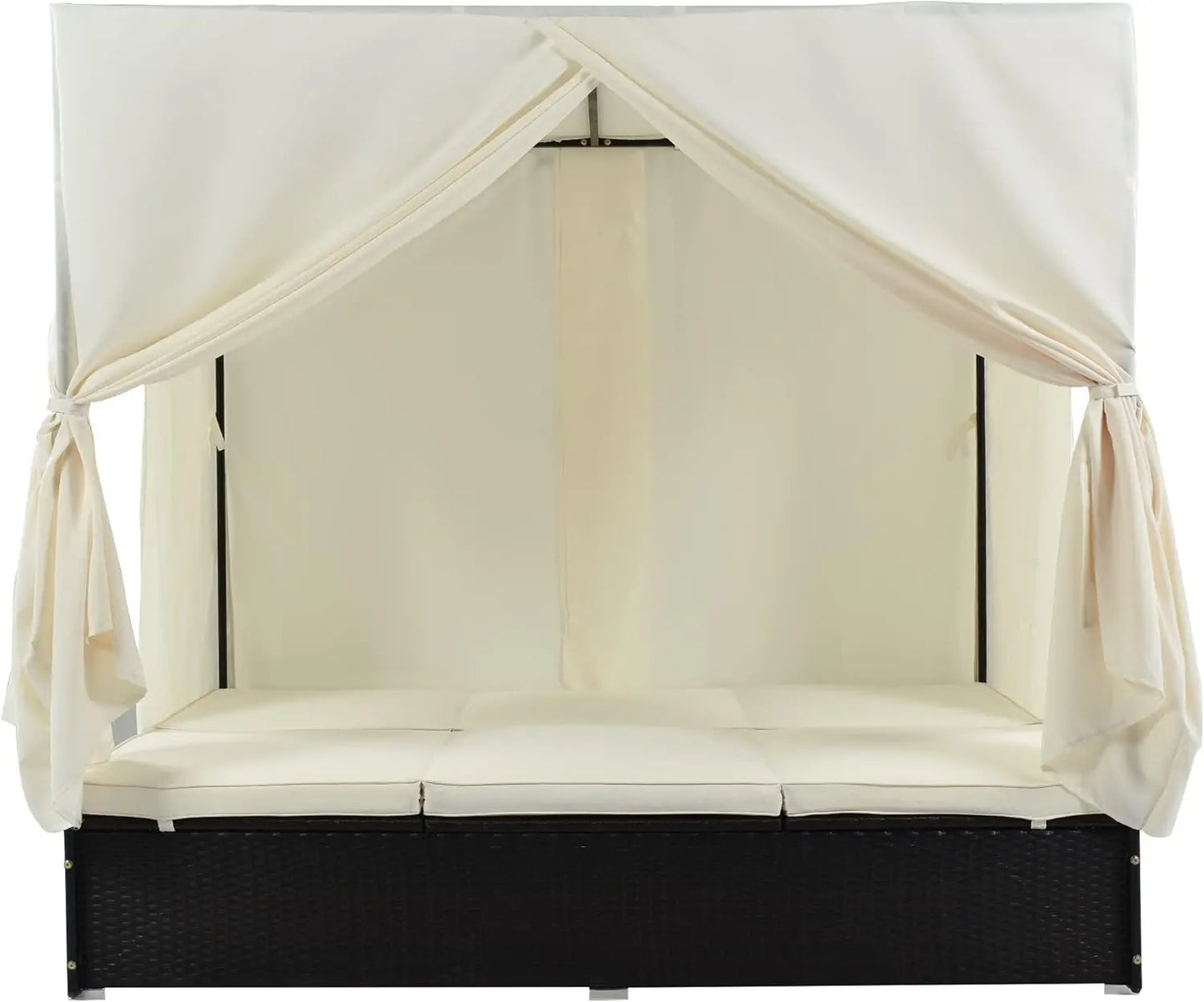 Outdoor Canopy Bed Patio Daybed Sunbed with Retractable Canopy Rattan Sun Lounger Patio Loveseat Sofa Set with Curtains Garden F