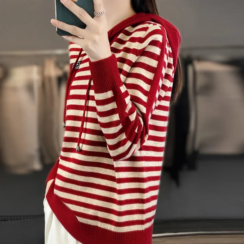 Winter Pure Wool Fashion Soft Sweater Autumn Female New Women Hooded Collar Strip Pullover Cashmere Loose Casual Knit Base Top