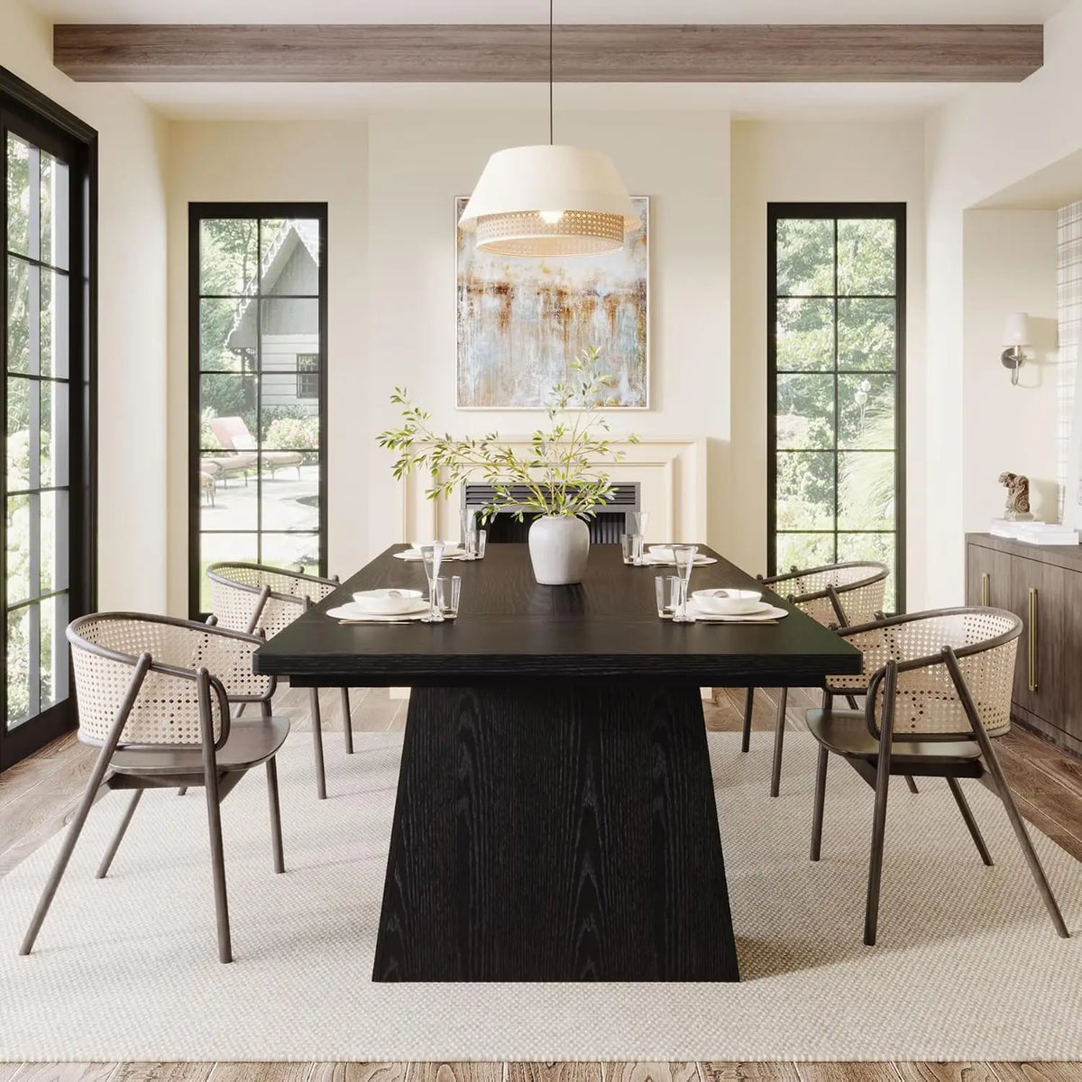 LITTLE TREE Dining Table for 6,Farmhouse Wood Dinner Rectangular Table with Double Pedestal, 63" L x 31.5" W x 30" H