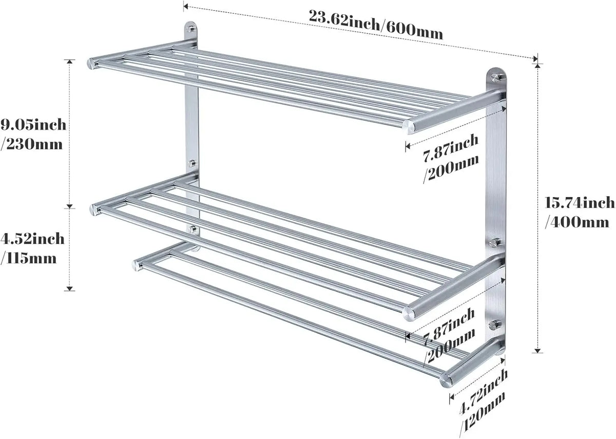 Bathroom Towel Rack with 24-Inch Multilayer Hotel Racks 304 Stainless Steel Towel Bar Shelf Wall-Mounted Brushed Finish Bar with