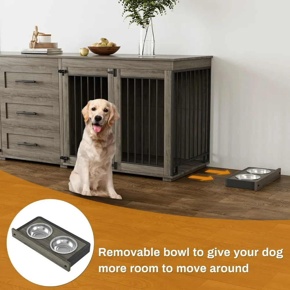 94.5" large dog crate furniture for 2 dogs, double wooden dog kennel furniture with 4 dog bowls & 3 drawers, heavy duty indoor
