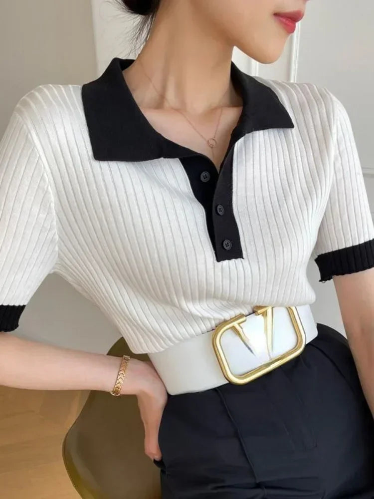 Women Clothing Temperament Elegant Knitted Contrast Tops Summer Fashion Commute POLO Short Sleeve Chic Button Slim T-shirt