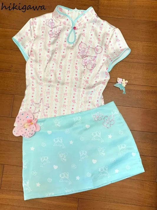 Women Clothing 2025 Two Piece Set Roupas Femme Stand Neck Short Sleeve Tops Print Bodycon Mini Skirt Outfits Sweet Summer Suit