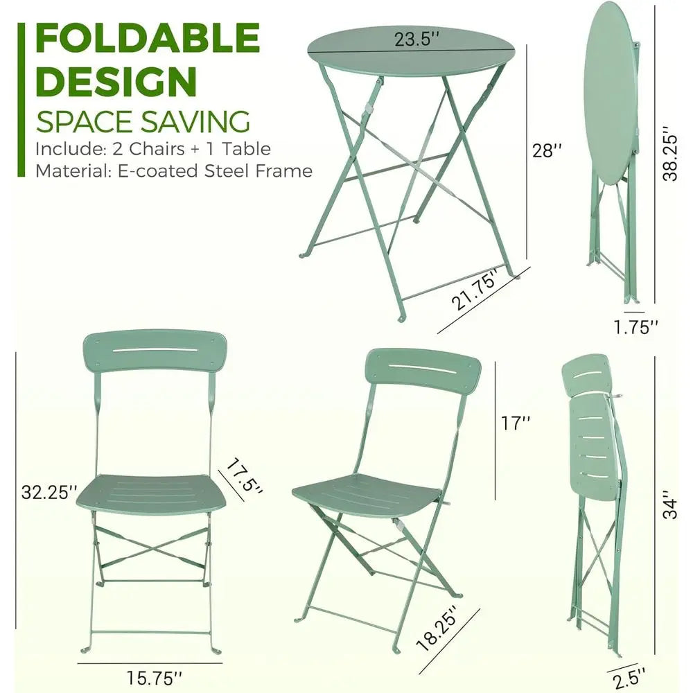Sage Green 3-Piece Folding Patio Bistro Set with Premium Frame, Colorful Outdoor Furniture