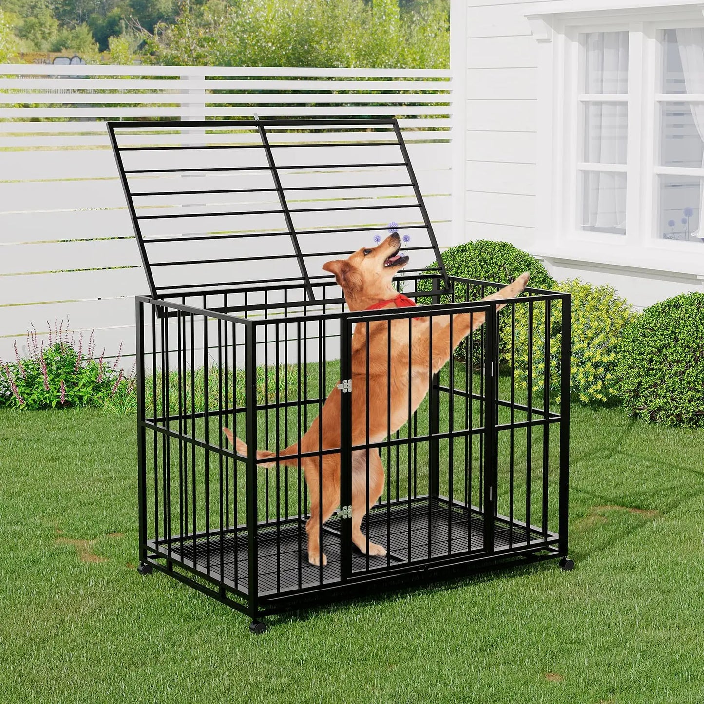 36/42/48 Inch Heavy Duty Stainless Steel Dog Crate Escape Proof Indestructible Dog Kennel  With Wheels & Removable Tray