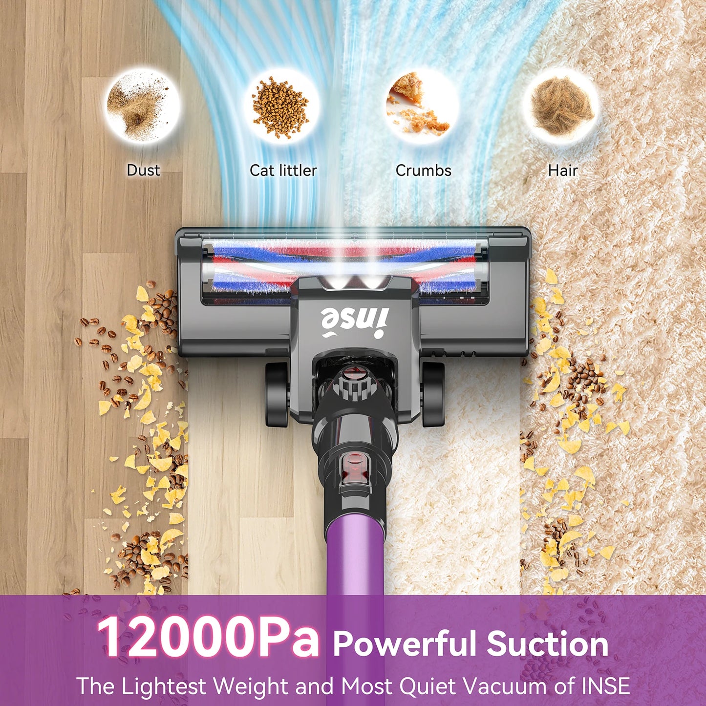 INSE N660 Cordless Vacuum Cleaner,6 in 1 Powerful Stick Handheld Vacuum with 2200mAh Rechargeable Battery,Purple