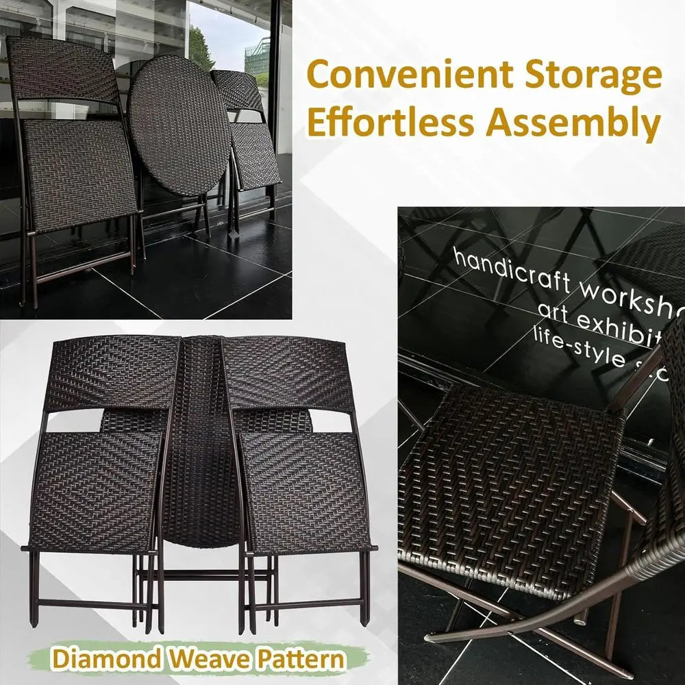 Folding 3-Piece Bistro Set with PE Wicker, Outdoor Patio Furniture, Round Table & Chairs for Garden, Balcony, Porch