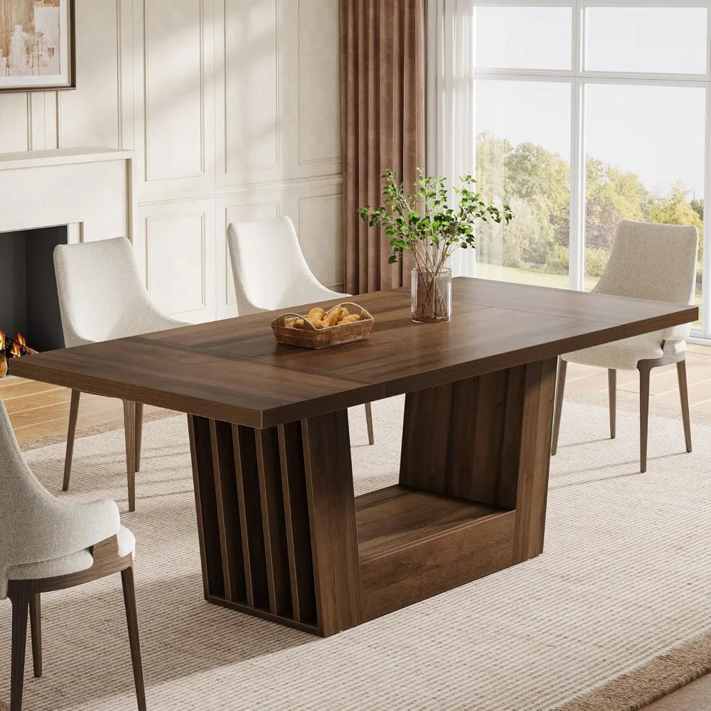 Farmhouse Style Rectangular Dining Table Seats 4-6, Heavy Duty Base, Wooden Kitchen Dinner Furniture for Casual Dining