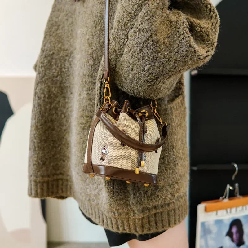 Women's Small Bucket Bag | Collision-color Design, Bear Embroidery Accents, Premium Faux Leather, Simple Casual Style, Versatile