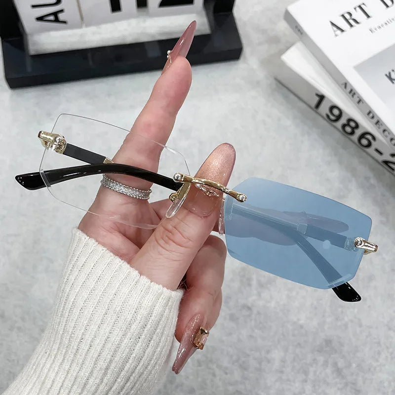 Fashion Rimless Rectangle Sunglasses Popular Women Men Shades Small Square Sun Glasses For Female Male Summer Traveling Oculos