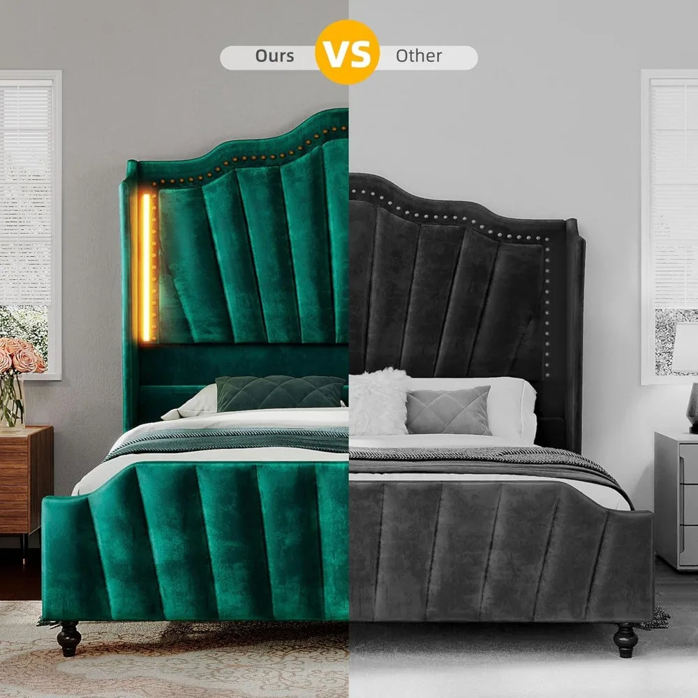 Queen Size DWVO Platform Bed Frame with 60 Tall Velvet Wingback Headboard and Footboard, LED Lighted, Solid Wood Construction