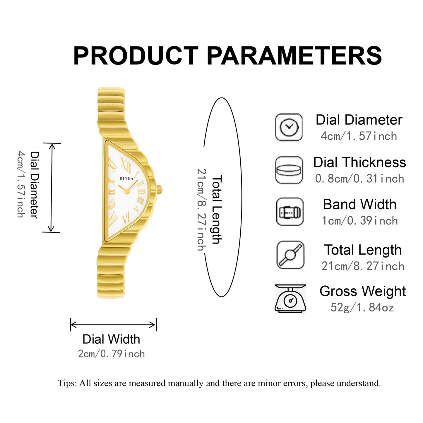 Binda Women’s Gold Case Quartz Watch – Curved White Dial, Half-Round Roman Index, 30M Water-Resistant, Elegant Gift Box Set