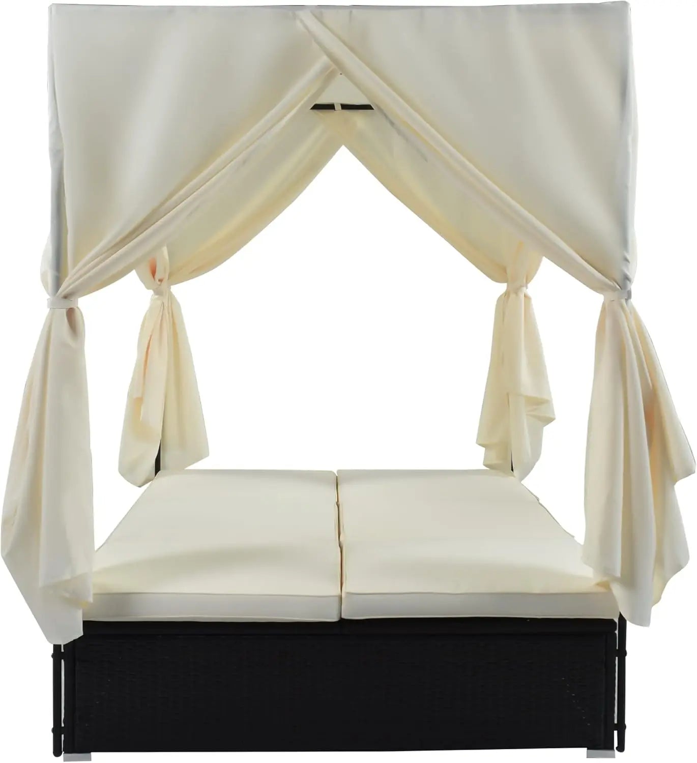 Outdoor Canopy Bed Patio Daybed Sunbed with Retractable Canopy Rattan Sun Lounger Patio Loveseat Sofa Set with Curtains Garden F
