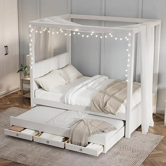 Full Size Linen-Upholstered Canopy Bed with Trundle and Storage Drawers, Wooden Platform Frame