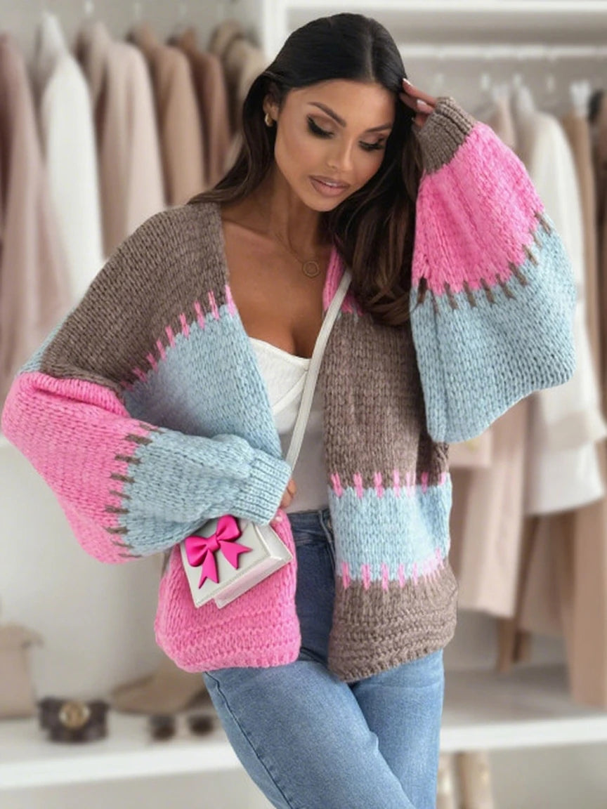 Women's contrasting casual lantern sleeve cardigan sweater  loose soft comfortable knit sweater jacket