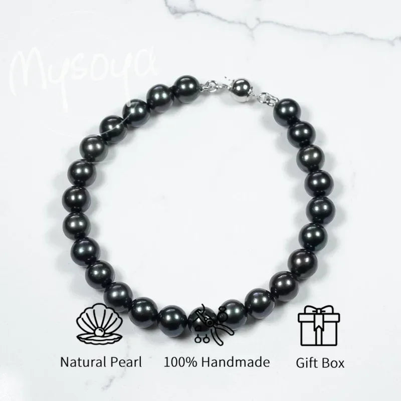 MYSOYA Black Freshwater Pearl Bracelet 8-9mm With Gift Box For Her/Him Birthday/Wedding/Christmas/New Year/Valentine's Day Gift
